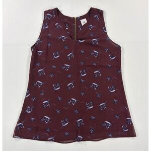 Cabi Sheer Layered Floral Tank Top Burgundy V-Neck Back‎ Zipper Women's Medium M
